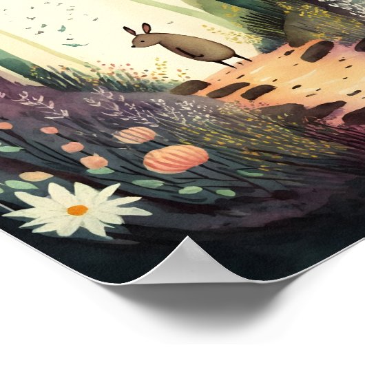 魔法の森の中で水彩画かわいい動物 ポスター (角)