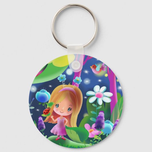 魔法の森の中で花と鳥を持つ少女 キーホルダー (正面)