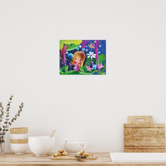 魔法の森の中で花と鳥を持つ少女 ポスター (キッチン)