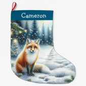 魔法の森の冬の夜のキツネ ラージクリスマスストッキング (正面)