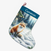 魔法の森の冬の夜のキツネ ラージクリスマスストッキング (正面 (吊り時))