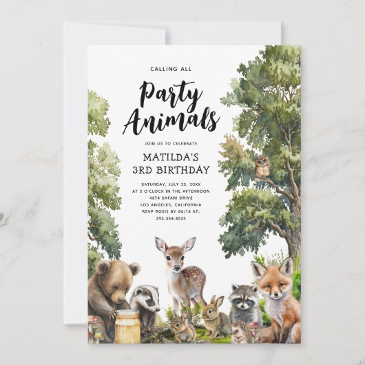魔法の森の動物の誕生日パーティー 招待状 (正面)