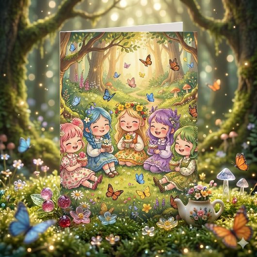 魔法の森の女の子の誕生日パーティー | 色を塗ろう カード