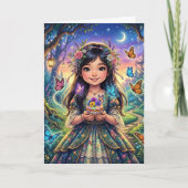魔法の森の女の子の誕生日+ぬりえページ カード (正面)