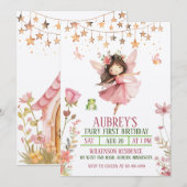 魔法の森の妖精の1歳誕生日招待状 招待状 (正面/裏面)