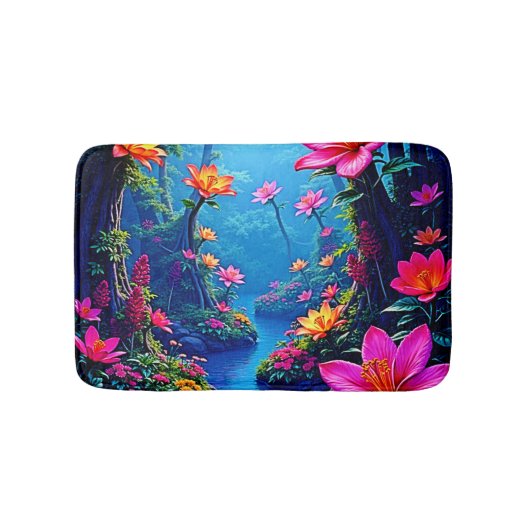 魔法の森の河川の花咲くアート バスマット (正面)