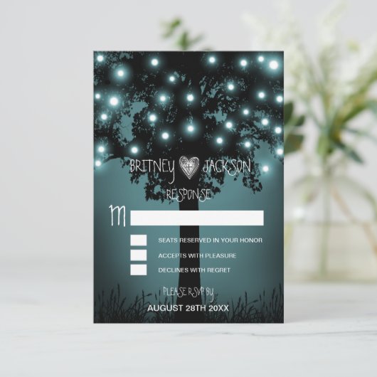 魔法の森の素朴な木の結婚式の出欠確認カード 招待状 (スタンド正面)