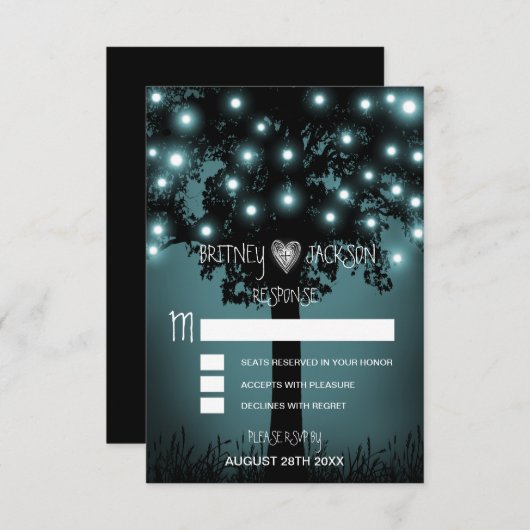 魔法の森の素朴な木の結婚式の出欠確認カード 招待状 (正面/裏面)