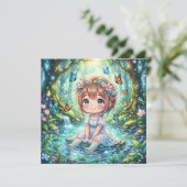 魔法の森の誕生日パーティーのかわいいちびキャラの女の子 招待状 (スタンド正面)