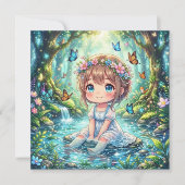 魔法の森の誕生日パーティーのかわいいちびキャラの女の子 招待状 (正面)