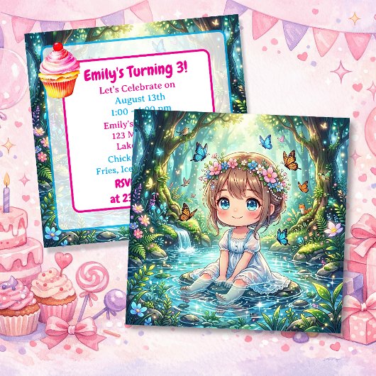 魔法の森の誕生日パーティーのかわいいちびキャラの女の子 招待状