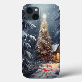 魔法の森の雪の冬メリークリスマスツリー iPhone 13ケース