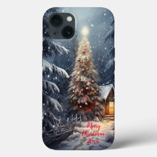 魔法の森の雪の冬メリークリスマスツリー iPhone 13ケース