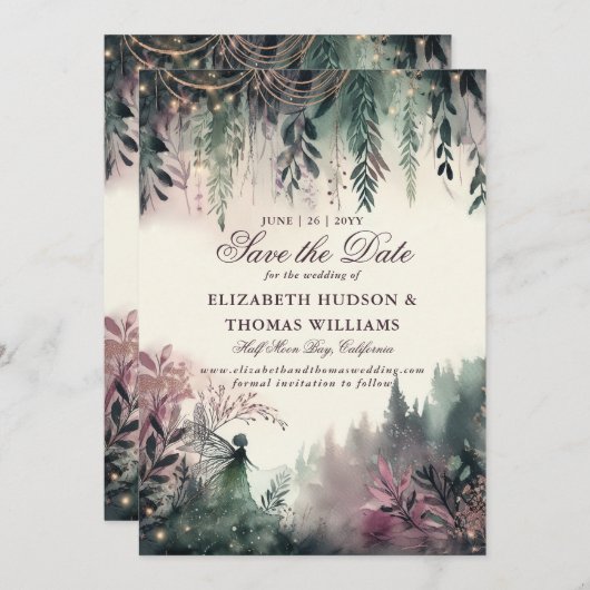 魔法の森の魔女の結婚式の日付を保存 招待状 (正面/裏面)