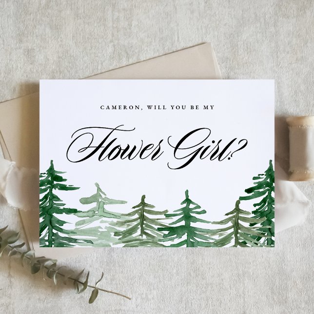 魔法の森は私の花の女 ( Customizable Woodland "Will You Be My Flower Girl?" Card featuring enchanting watercolor forest.)