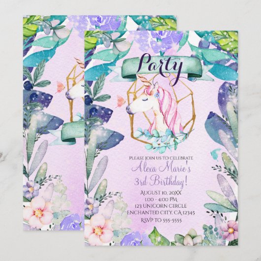 魔法の森ファンタジー ユニコーン パーティ 招待状 (正面/裏面)