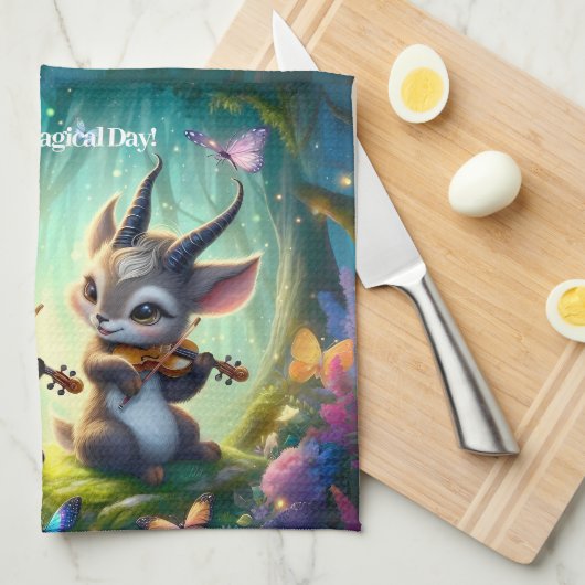 魔法の森遊の中でかわいいサオラスのビオラ キッチンタオル (四つ折り)