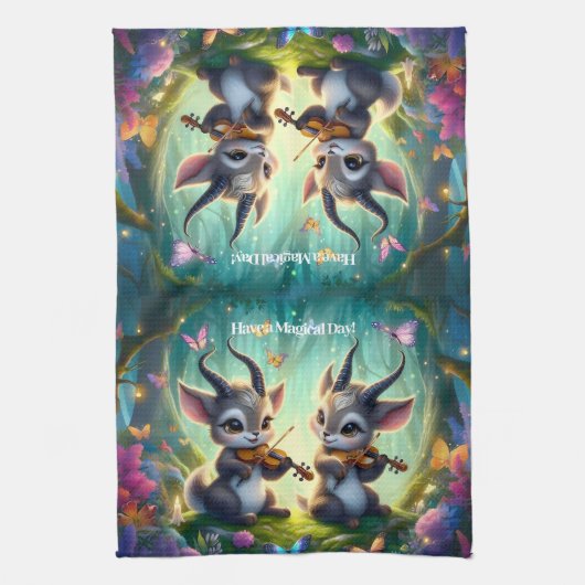 魔法の森遊の中でかわいいサオラスのビオラ キッチンタオル (縦)