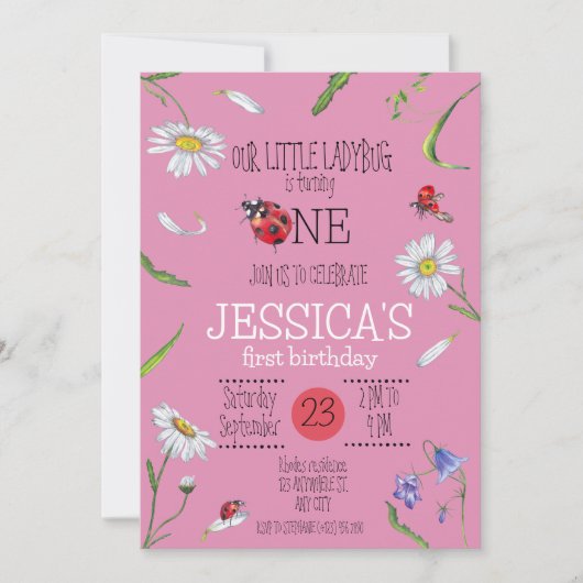 魔法の水の色かわいい1st誕生日ガールラディバグ 招待状 (正面)