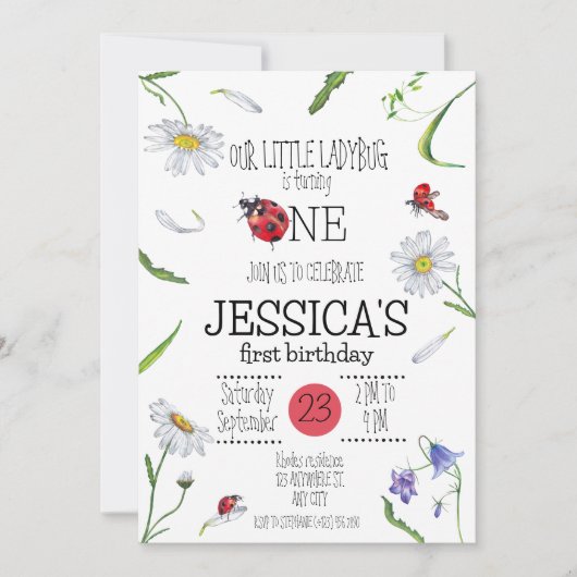 魔法の水の色かわいい1st誕生日ガールラディバグ 招待状 (正面)