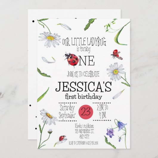 魔法の水の色かわいい1st誕生日ガールラディバグ 招待状 (正面/裏面)