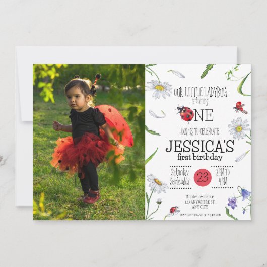 魔法の水の色かわいい1st誕生日ガールラディバグ 招待状 (正面)