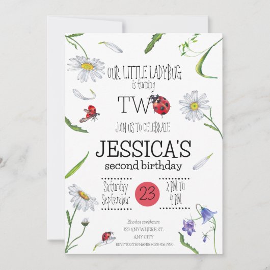 魔法の水の色かわいい2nd誕生日ガールラディバグ 招待状 (正面)