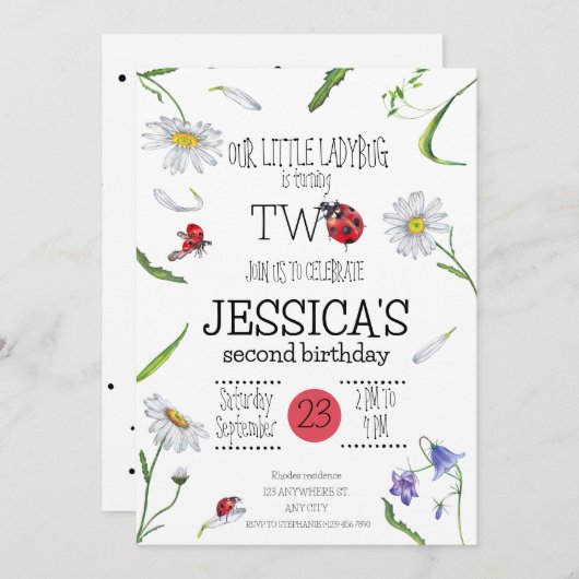 魔法の水の色かわいい2nd誕生日ガールラディバグ 招待状 (正面/裏面)