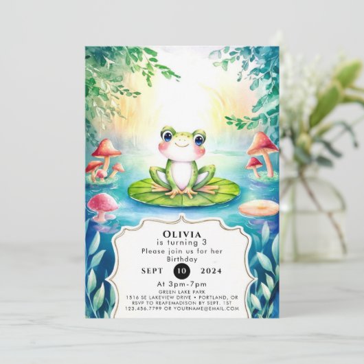 魔法の水の色のカエル誕生日 招待状 (スタンド正面)