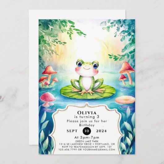 魔法の水の色のカエル誕生日 招待状 (正面/裏面)