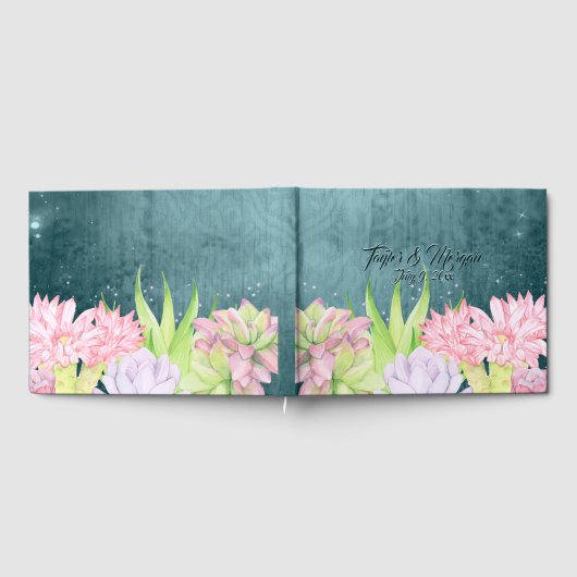 魔法の水の色の多汁ティール（緑がかった色）ブルー結婚ズ ゲストブック (全面)