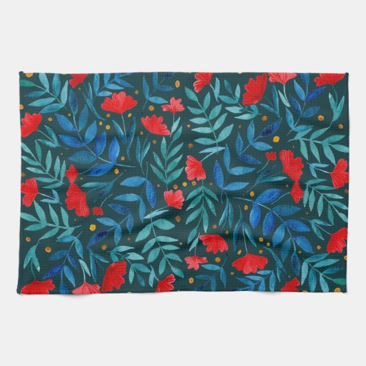 魔法の水の色の庭 – 暗いティール(緑がかった色)と赤 キッチンタオル (横)