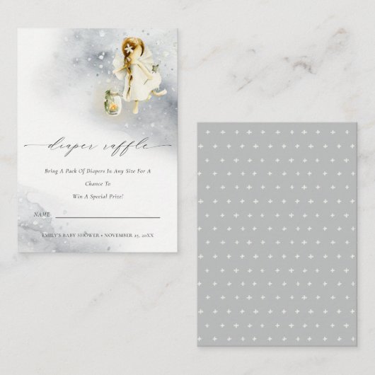 魔法の水の色フェアリーおむつラッフルベビーシャワー エンクロージャーカード (正面/裏面)