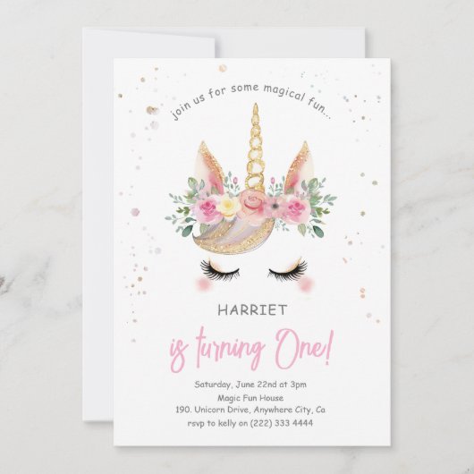 魔法の水の色ユニコーンの最初の誕生日 招待状 (正面)