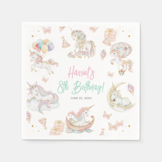 魔法の水の色ユニコーン任意の年齢誕生日 スタンダードカクテルナプキン (正面)