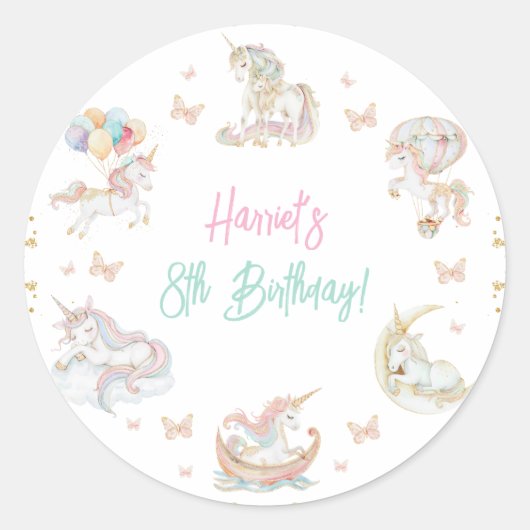 魔法の水の色ユニコーン任意の年齢誕生日 ラウンドシール (正面)