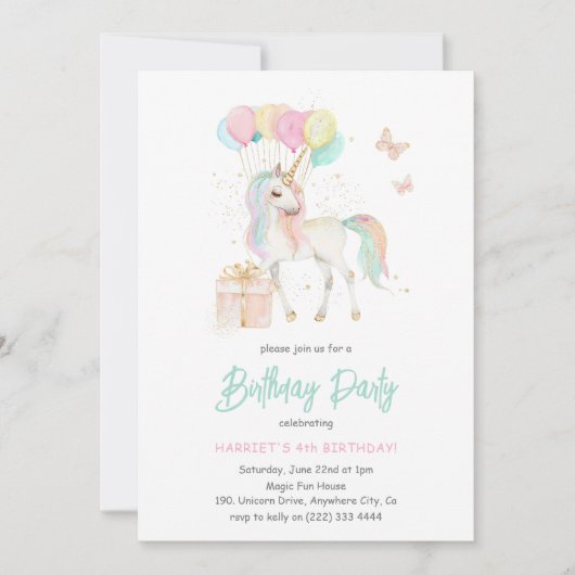 魔法の水の色ユニコーン任意の年齢誕生日 招待状 (正面)