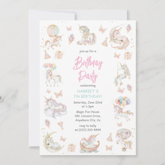 魔法の水の色ユニコーン任意の年齢誕生日 招待状 (正面)