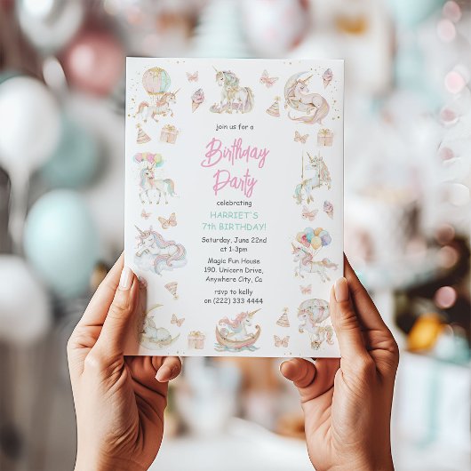 魔法の水の色ユニコーン任意の年齢誕生日 招待状