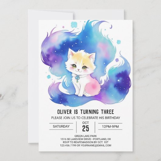 魔法の水彩ねこ誕生日 招待状 (正面)