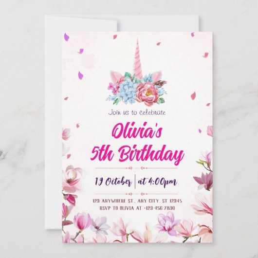 魔法の水彩ユニコーンの誕生日パーティーへの招待 招待状 (正面)