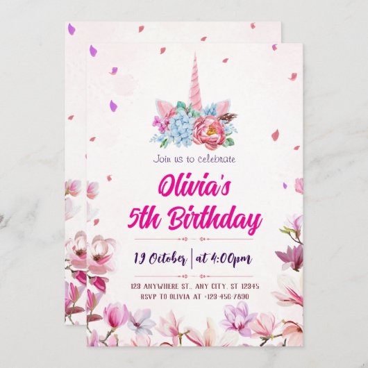 魔法の水彩ユニコーンの誕生日パーティーへの招待 招待状 (正面/裏面)