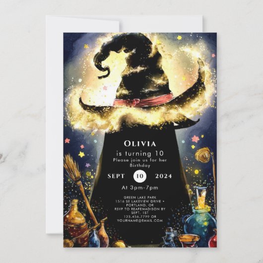 魔法の水彩画ウィザード誕生日 招待状 (正面)