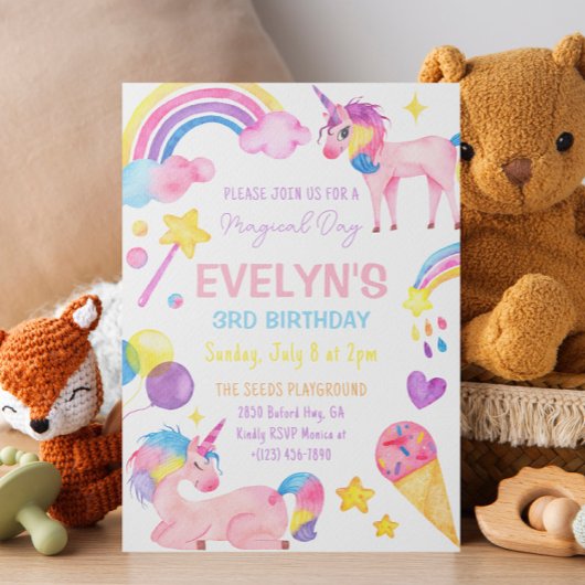 魔法の水色かわいいユニコーン誕生日女の子 招待状