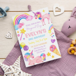 魔法の水色かわいいユニコーン誕生日女の子 招待状