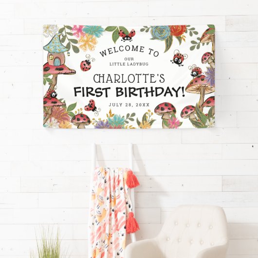 魔法の水色かわいいラディバグガールズ誕生日 横断幕 (インサイチュ)