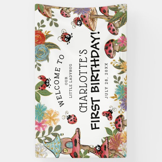 魔法の水色かわいいラディバグガールズ誕生日 横断幕 (縦)