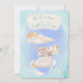 魔法の水色ソフトブルーユニコーン赤ちゃんシャワー 招待状 (正面)