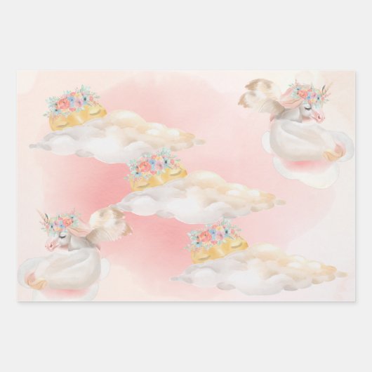 魔法の水色ピンクのユニコーン赤ちゃんシャワー ラッピングペーパーシート (正面3)