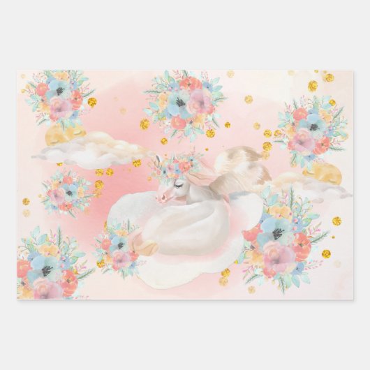 魔法の水色ピンクのユニコーン赤ちゃんシャワー ラッピングペーパーシート (正面)